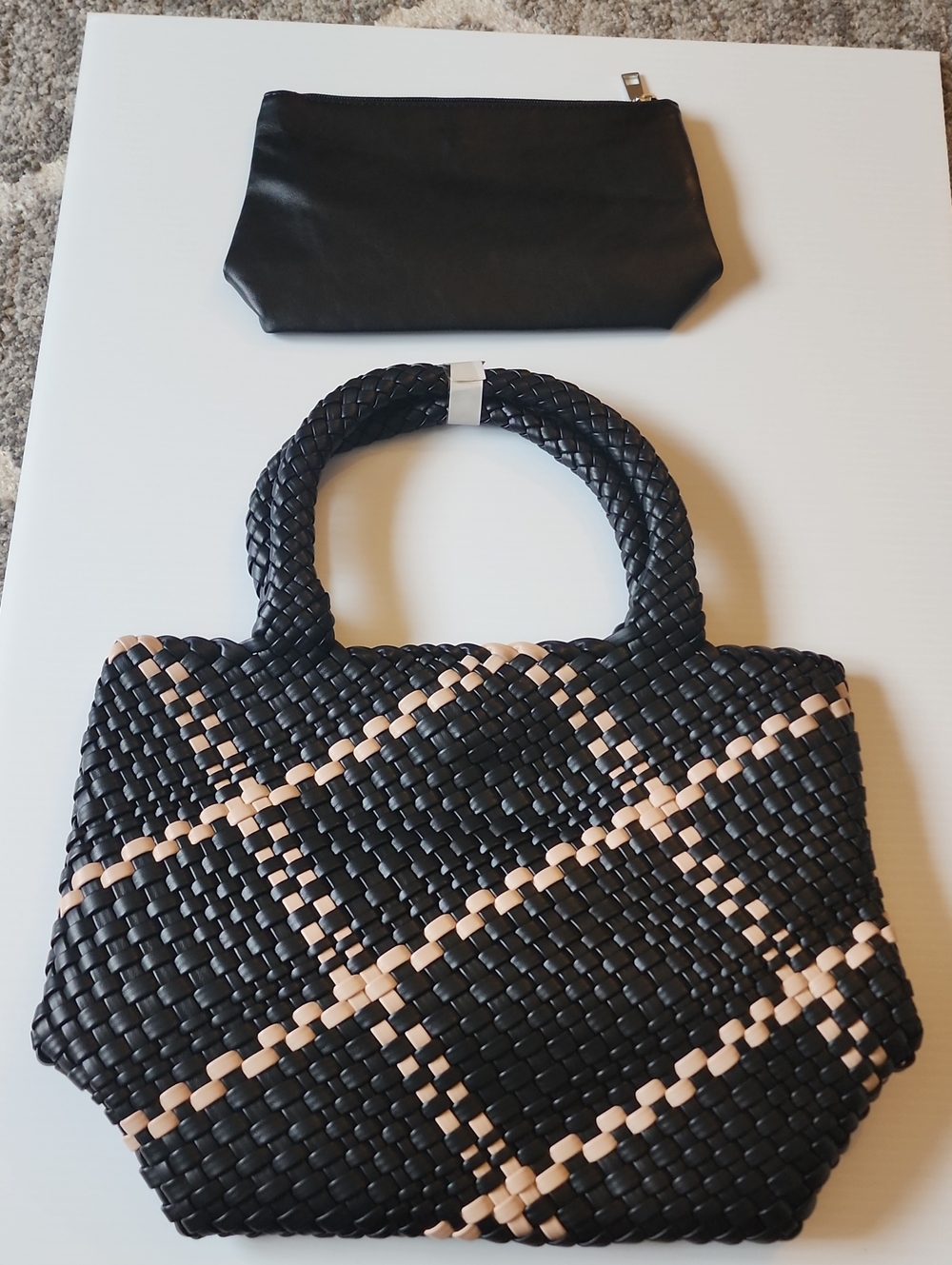 Woven Black and Beige Tote with Matching Black Pouch. NWOT